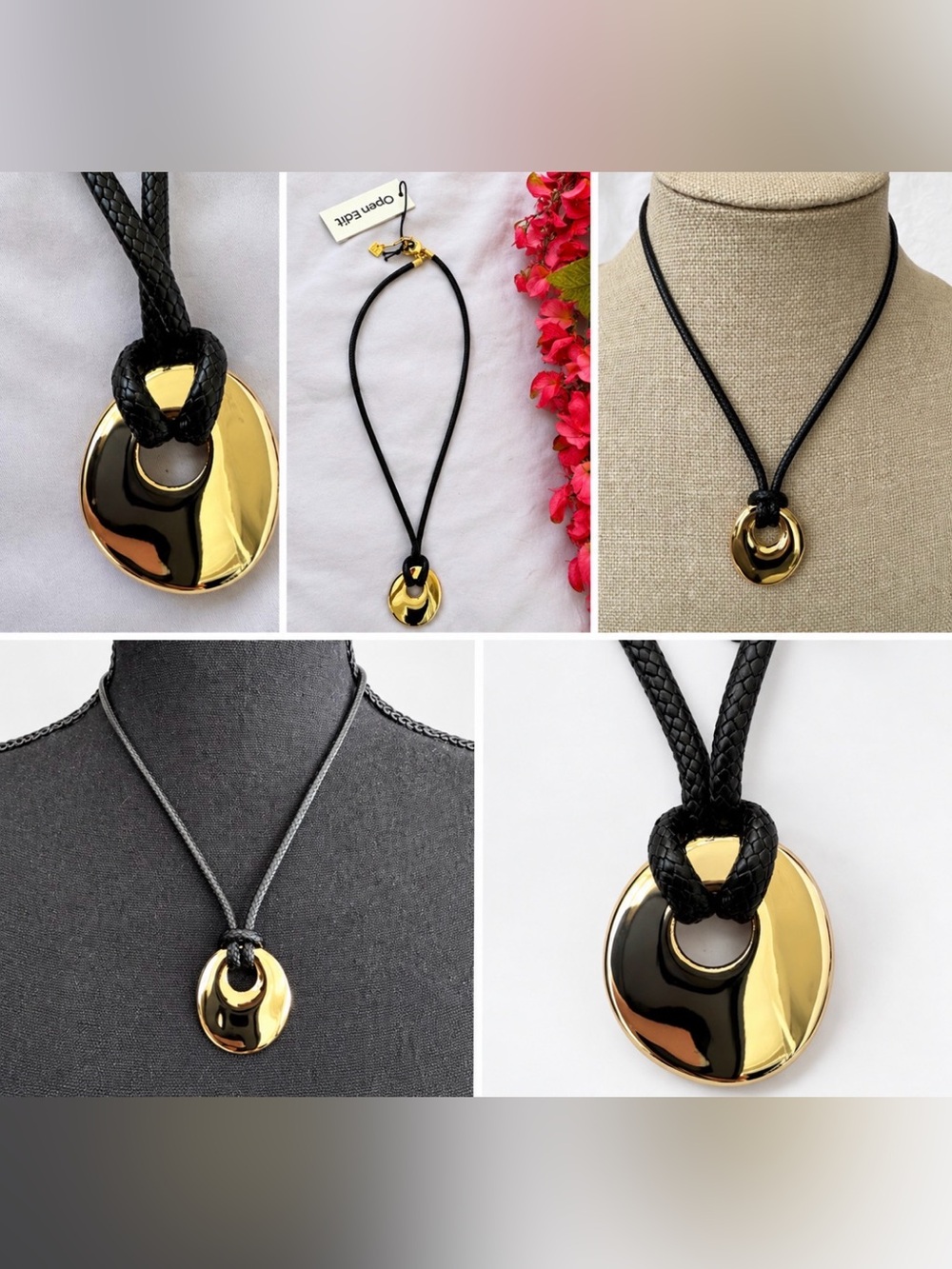 Open Edit Nordstrom Molten DIsc Gold Tone Black Cord Pendant Necklace 20" NEW